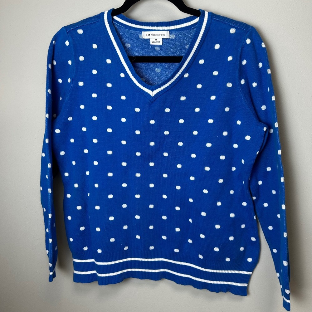 Liz Claiborne‎ medium colbalt blue polka dot quirky varsity strip sweater v neck